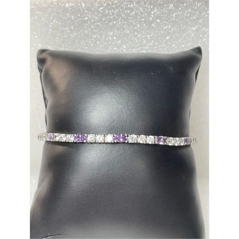 925 Sterling Silver Amethyst Tennis Bracelet 7.5” Long - Picture 1 of 8